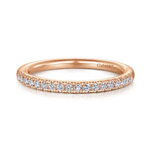 Gabriel & Co. WB914547R0K44JJ 14 karat rose gold Contemporary wedding band, front view of a straight hoop with a single line of small round diamonds along its front edge