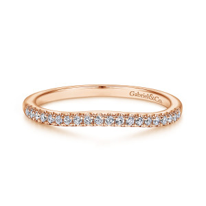 Gabriel & Co. WB914548M0K44JJ 14 karat rose gold Contemporary wedding band, front view of a gently bowed edge with a line of round stones in small prongs
