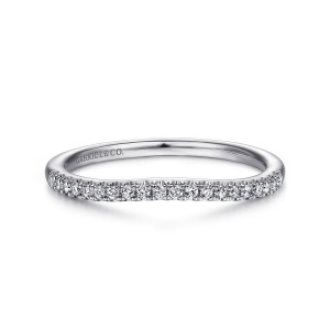 Gabriel & Co. WB914548M0W44JJ 14 karat white gold Contemporary wedding band, front view of the shallow contour with a tight line of round stones and a maker's mark inside