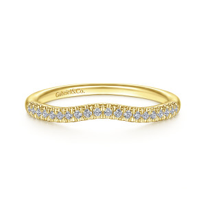 Gabriel & Co. WB914553R0Y44JJ 14 karat yellow gold Contemporary wedding band, front view of a shallow dip lined with tiny round diamonds and a maker's mark inside