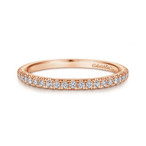 Gabriel & Co. WB914555R0K44JJ 14 karat rose gold Contemporary wedding band, front view of a straight band with a row of small round diamonds along the top