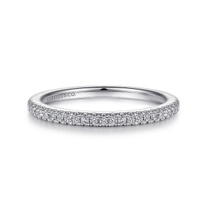 Gabriel & Co. WB914557S0W44JJ 14 karat white gold Contemporary wedding band, front view of tiny round stones packed along the top in finely scalloped prongs