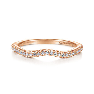 Gabriel & Co. WB914559R0K44JJ 14 karat rose gold Contemporary wedding band, front view of a broad swooping curve edged with beaded prongs
