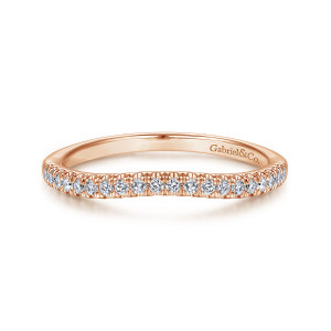 Gabriel & Co. WB914561O0K44JJ 14 karat rose gold Contemporary wedding band, front view of a band dipping in a shallow curve beneath one row of round stones
