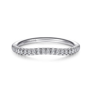Gabriel & Co. WB914561O0W44JJ 14 karat white gold Contemporary wedding band, front view of the band with a dipped top edge and one row of small diamonds