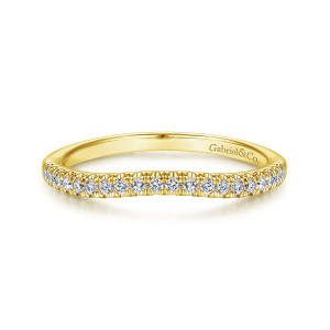 Gabriel & Co. WB914561O0Y44JJ 14 karat yellow gold Contemporary wedding band, front view of the dipping top edge with a single row of small round diamonds