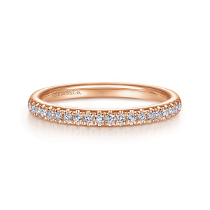 Gabriel & Co. WB914577O4K44JJ 14 karat rose gold Contemporary wedding band, front view of a straight band with a row of small round diamonds held by tiny prongs