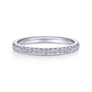 Gabriel & Co. WB914577O4W44JJ 14 karat white gold Contemporary wedding band, front view of a straight hoop with a single row of small round diamonds
