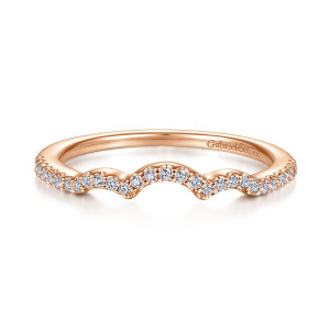 Gabriel & Co. WB914579O2K44JJ 14 karat rose gold Contemporary wedding band, front view of the raised central arch with a shallow dip on each side and a smooth rim