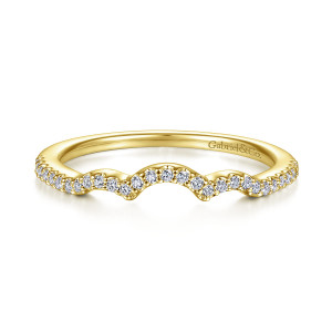 Gabriel & Co. WB914579O2Y44JJ 14 karat yellow gold Contemporary wedding band, front view of a central arch with a shallow dip on each side, lined with small diamonds