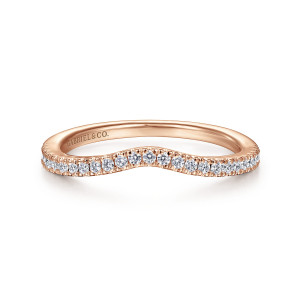 Gabriel & Co. WB914580O4K44JJ 14 karat rose gold Contemporary wedding band, front view of small round diamonds following a soft arc across the top of the band