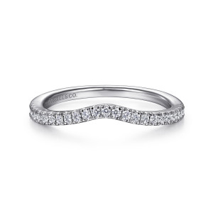 Gabriel & Co. WB914580O4W44JJ 14 karat white gold Contemporary wedding band, front view of the band bending inward at the middle with small round stones following the curve