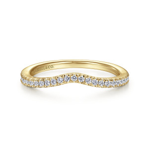 Gabriel & Co. WB914580O4Y44JJ 14 karat yellow gold Contemporary wedding band, front view of a shallow central dip with small stones following the curve