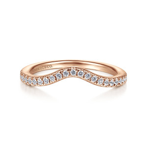 Gabriel & Co. WB914581O3K44JJ 14 karat rose gold Contemporary wedding band, front view of the contoured band showing the stones rising along its central bend