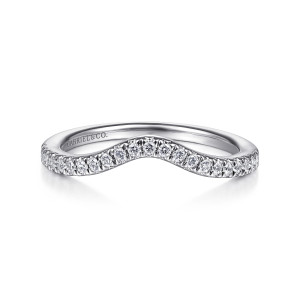 Gabriel & Co. WB914581O3W44JJ 14 karat white gold Contemporary wedding band, front view of a shallow V-shaped dip with a line of small round stones