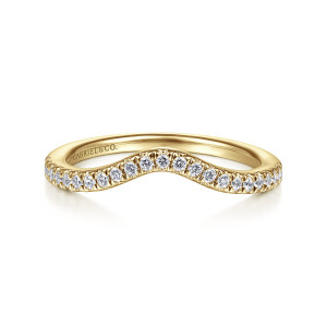 Gabriel & Co. WB914581O3Y44JJ 14 karat yellow gold Contemporary wedding band, front view of the arched band with small round diamonds following the curve across the top