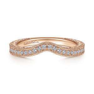 Gabriel & Co. WB914584R0K44JJ 14 karat rose gold Contemporary wedding band, front view of a V shaped diamond row between beaded milgrain rails