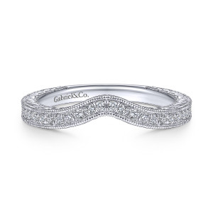 Gabriel & Co. WB914584R0W44JJ 14 karat white gold Contemporary wedding band, front view of a shallow V shaped dip with a milgrain bordered row of small diamonds