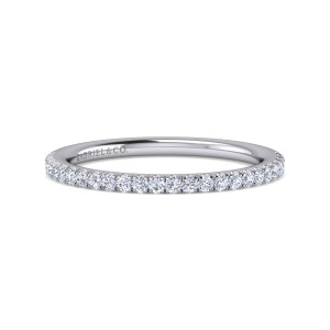 Gabriel & Co. WB914719W44JJ 14 karat white gold Contemporary wedding band, front view of the hoop with tightly packed round diamonds and a smooth polished inside