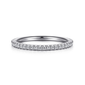 Gabriel & Co. WB915722W44JJ 14 karat white gold Contemporary wedding band, front view of tiny round diamonds in scalloped prongs along a straight rounded hoop
