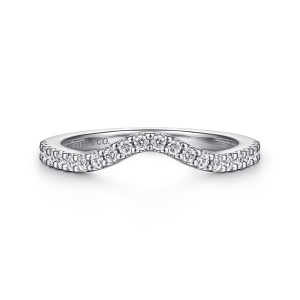 Gabriel & Co. WB915724W44JJ 14 karat white gold Contemporary wedding band, front view of the contoured band, its diamond row dipping into a shallow scoop at the center