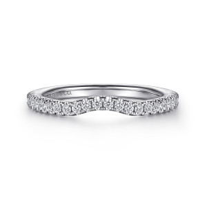 Gabriel & Co. WB915725W44JJ 14 karat white gold Contemporary wedding band, front view of a hoop with a shallow inward dip and a line of round diamonds following it