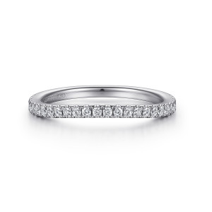Gabriel & Co. WB915729W44JJ 14 karat white gold Contemporary wedding band, front view of a gently bowed hoop with a fine row of small round diamonds