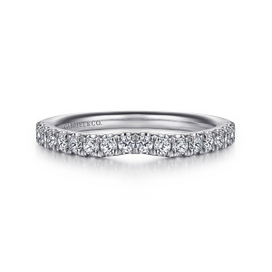Gabriel & Co. WB915732W44JJ 14 karat white gold Contemporary wedding band, front view of a shallow inward dip lined with round diamonds in shared prongs