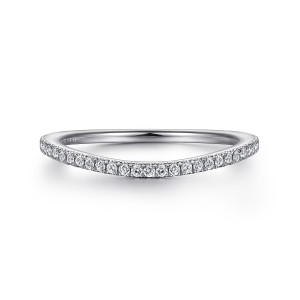 Gabriel & Co. WB915734W44JJ 14 karat white gold Contemporary wedding band, front view of a curved band with a fine row of round diamonds dipping through the middle