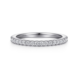 Gabriel & Co. WB915736W44JJ 14 karat white gold Contemporary wedding band, front view of a straight level row of round diamonds above a polished inner wall