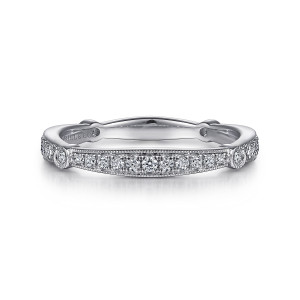 Gabriel & Co. WB915737W44JJ 14 karat white gold Victorian wedding band, front view of a long lens shaped diamond panel with milgrain edges between two small round stones