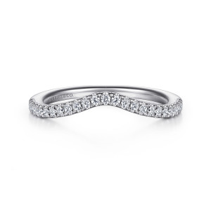 Gabriel & Co. WB915738W44JJ 14 karat white gold Contemporary wedding band, front view of a stone row climbing from both sides into a soft peak