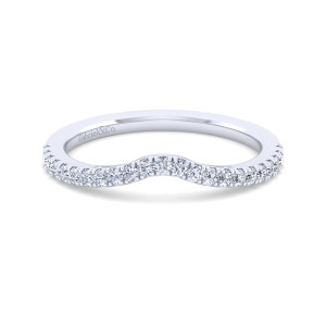 Gabriel & Co. WB9246W44JJ 14 karat white gold Contemporary wedding band, front view of a gentle rounded dip lined with small round stones