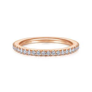 Gabriel & Co. WB96419O0K44JJ 14 karat rose gold Contemporary wedding band, front view of a straight hoop with small round diamonds set tightly along the near edge