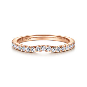 Gabriel & Co. WB97227R8VK44JJ 14 karat rose gold Contemporary wedding band, front view of the shallow scoop with evenly sized round diamonds in shared prongs
