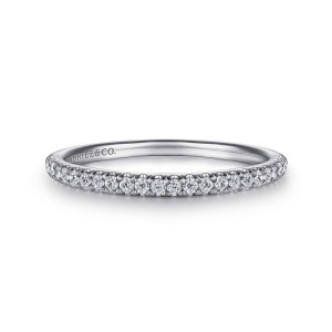 Gabriel & Co. WB98863W44JJ 14 karat white gold Contemporary wedding band, front view of a rounded hoop with a tight row of small diamonds and a maker's mark