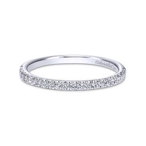 Gabriel & Co. WB98995W44JJ 14 karat white gold Contemporary wedding band, front view of the hoop tilted forward, showing a row of diamonds with a scalloped outer edge