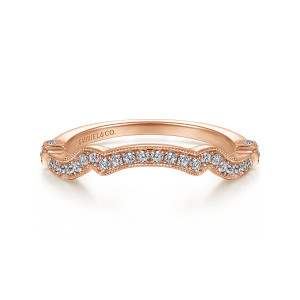 Gabriel & Co. WB99317K44JJ 14 karat rose gold Contemporary wedding band, front view of a scalloped wavy top with beaded borders around a row of round diamonds