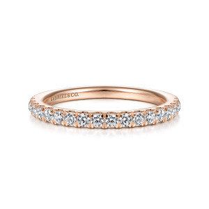 Gabriel & Co. WB99321C12K44JJ 14 karat rose gold Contemporary wedding band, front view of a straight hoop with round diamonds evenly spaced along the near edge