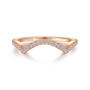 Gabriel & Co. WB99339K44JJ 14 karat rose gold Contemporary wedding band, front view of diamonds climbing a peaked arch with straight sloping shoulders