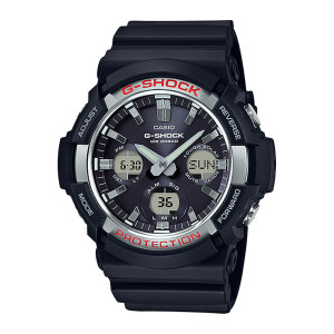 Casio G-Shock GAS100-1A watch, front view of a black case with a silver tone ring, red lettering and three small windows