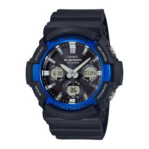 Casio G-Shock GAS100B-1A2 watch, front view of a black case with a glossy blue ring, silver tone markers and three small windows