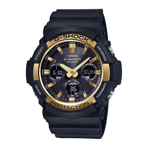 Casio G-Shock GAS100G-1A watch, front view of the gold tone bezel ring, black dial, gold markers and three digital windows