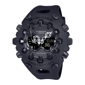 Casio G-Shock GAV01-1A watch, front view of the studded ring, ring cutout hands and small panel at the right