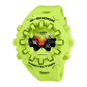 Casio G-Shock GAV01-9A watch, front view of a neon green case with block tabs, orange-red hands and a black lower window