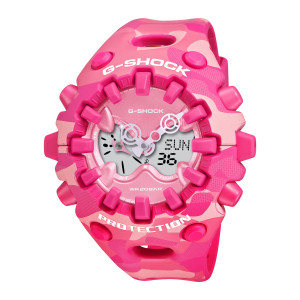Casio G-Shock GAV01CMG-4A watch, angled view of the ring of pink knobs around the pale pink face and white hands