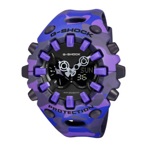 Casio G-Shock GAV01CMG-6A watch, front view of a camouflage case with purple blocks around a black dial and open cutout hands