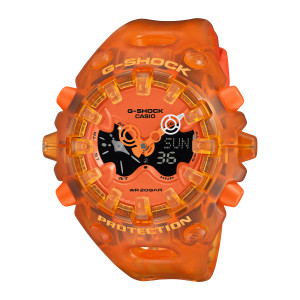 Casio G-Shock GAV01SKE-4A watch, front view of the orange dial with hands, a small digital panel and raised amber blocks around it