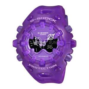 Casio G-Shock GAV01SKE-6A watch, front view of a translucent purple case with see through blocks around a violet dial