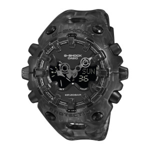 Casio G-Shock GAV01SKE-8A watch, front view of a smoky translucent case with clear-edged block tabs and silver-tone cutout hands